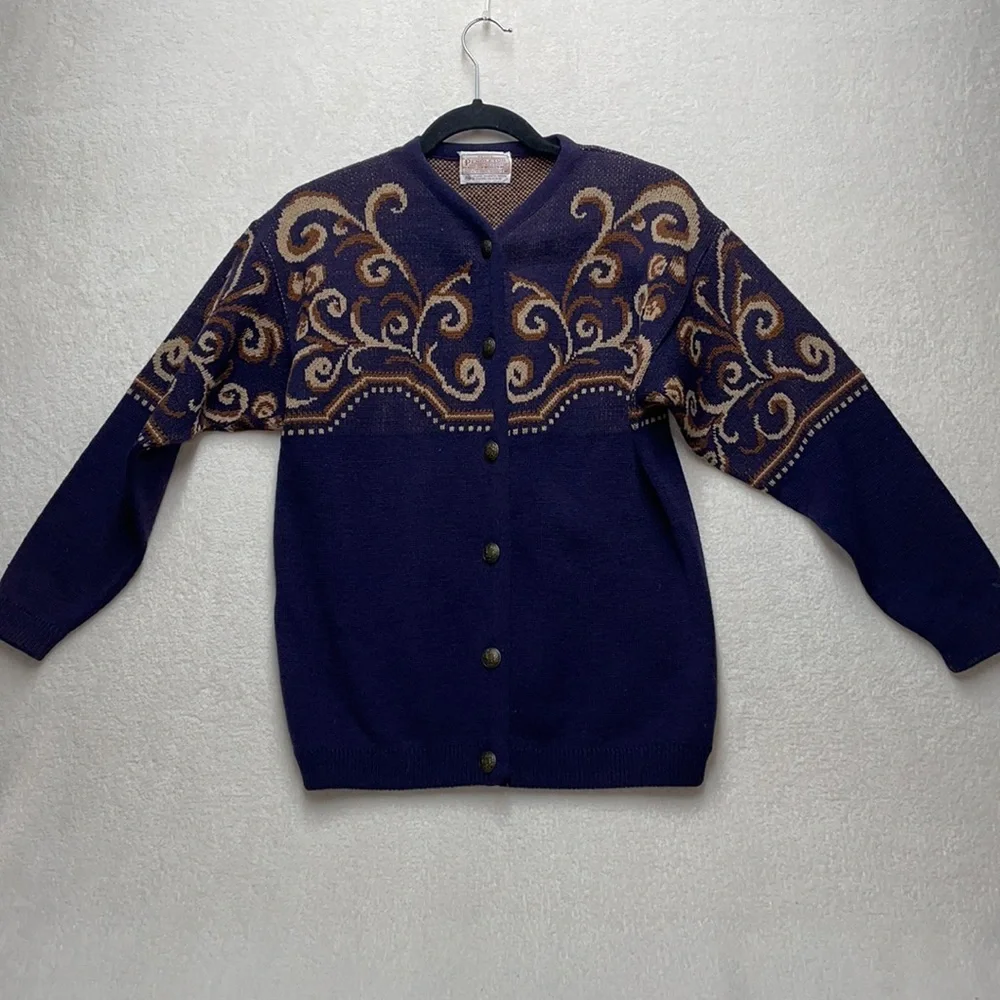 PENDLETON Petite Navy & Brown Swirl Vintage Cardigan Wool Sweater Size Medium